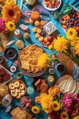  overhead view of birthday table filled with treats and gifts, created with generative ai