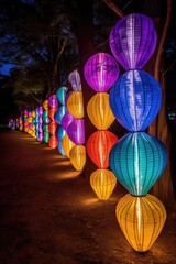 Wall Mural - colorful paper lanterns glowing at night, created with generative ai