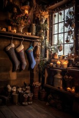 Wall Mural - warm fireplace with stockings and holiday trinkets, created with generative ai