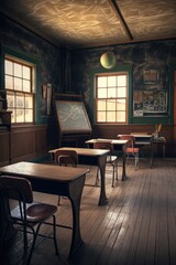 Sticker - empty classroom with chalkboard and wooden desks, created with generative ai