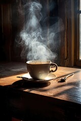 Wall Mural - close-up of steaming coffee cup on rustic table, created with generative ai