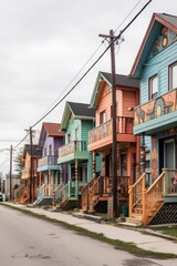 Poster - a row of houses with unique designs, representing individuality within a community, created with generative ai