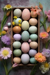 Poster - top view of a flat lay arrangement of pastel-colored easter eggs, created with generative ai