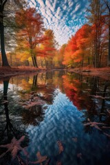 Poster - vibrant fall foliage reflected in a calm lake, created with generative ai