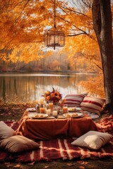 Wall Mural - a cozy autumn picnic setup with a blanket and fall foliage, created with generative ai