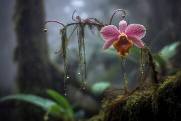 Poster - monkey face orchid in a mysterious foggy forest, created with generative ai