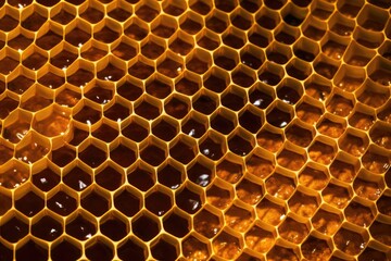 Poster - close-up of hexagonal honeycomb pattern with golden honey, created with generative ai