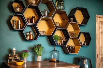 Poster - hexagonal beehive shelves on a wall, created with generative ai