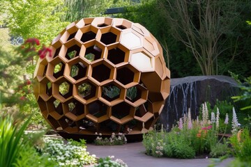 Poster - beehive-inspired geometric sculpture in a garden setting, created with generative ai