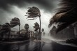Leinwandbild Motiv tropical cyclone with powerful winds and rain, bringing destruction to coastal city, created with generative ai