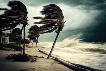 Canvas Print - storm surge rolling over beach and onto shore, with palm trees bent in the wind, created with generative ai