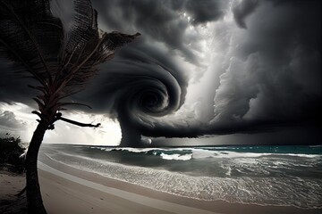 Canvas Print - tropical cyclone, with its warm eye and powerful storm clouds, over the ocean, created with generative ai