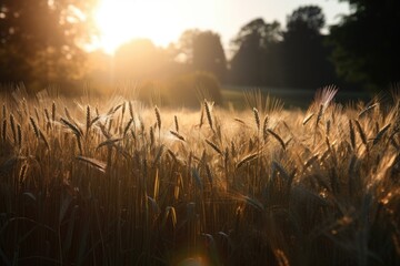 Poster - close-up of wheat field, with sunbeams shining down, created with generative ai