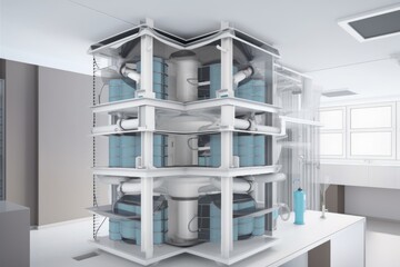 Sticker - hierarchical ventilation system, with multiple levels of filtration, in hospital, created with generative ai