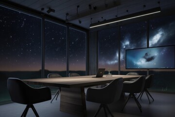 Canvas Print - a virtual meeting room with a view of the night sky, stars twinkling, created with generative ai