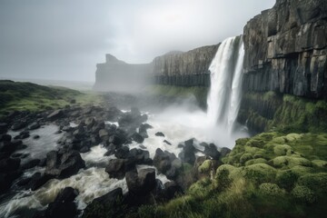 Canvas Print - majestic waterfall with cascading water and mist in the distance, created with generative ai