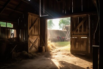 Poster - light shining through the open barn doors, illuminating a beautiful rustic scene, created with generative ai