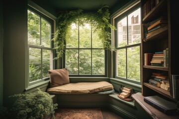 Wall Mural - a cozy reading nook with a window view of lush, green foliage, created with generative ai