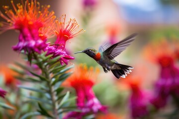 Poster - hummingbird practicing its flight skills, hovering and fluttering above garden, created with generative ai