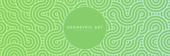 Wall Mural - Green Nature Inspired Design of Seamless Geometric Pattern. Vintage Retro Oriental Motif with anWavy Dynamic Aesthetic in Fabric Texture Background.