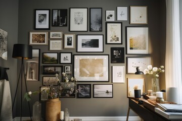 Wall Mural - a gallery wall with a mix of framed photos and art pieces, created with generative ai