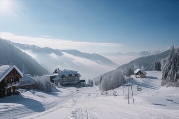 Wall Mural - winter scene with snow-covered mountains, ski resort in the background, created with generative ai