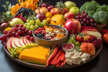 Poster - covered platter of colorful vegetables, fruits, and cheeses, created with generative ai