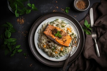 Wall Mural - minimalist plate of baked salmon, rice, and herbs, created with generative ai