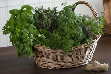 Poster - a basket of freshly picked herbs, ready for use in the kitchen, created with generative ai