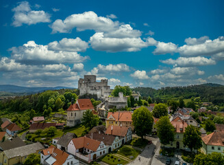 Wall Mural - Aerial view of Rabi castle, largest medieval fortress ruin in the Czech Republic with concentric walls and round towers