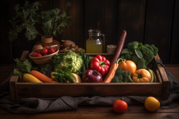 Sticker - a rustic wooden tray with a variety of fresh fruits and vegetables, created with generative ai