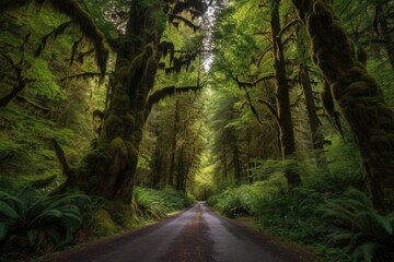 Poster - scenic road trip through ancient forest, with towering trees and cascading streams, created with generative ai