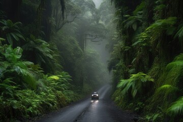 Wall Mural - scenic road trip through the rainforest, with misty waterfalls and towering trees, created with generative ai