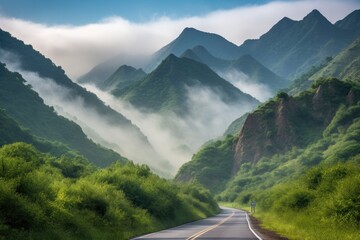 Canvas Print - scenic road trip through the mountains, with misty peaks in the background, created with generative ai