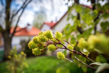 Wall Mural - spring time, with sprouting tree leaves and blooming flowers in the background, created with generative ai