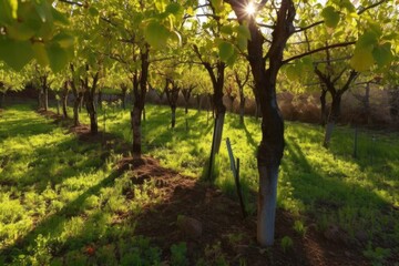 Poster - tree sprouts growing in shaded orchard, their delicate leaves reaching for the light, created with generative ai