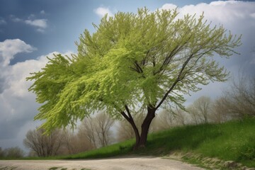 Wall Mural - a tree with sprouting leaves blowing in the wind, created with generative ai