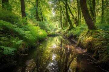 Wall Mural - peaceful forest with stream and reflection of the sky, created with generative ai