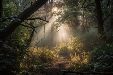 Sticker - forest with misty morning fog and sunlight filtering through the trees, created with generative ai