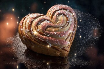 Wall Mural - heart-shaped cinnamon roll with drizzled icing and sparkle dust, for a sparkling touch, created with generative ai