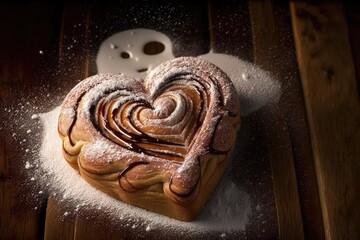 Wall Mural - heart-shaped cinnamon roll, dusted with powdered sugar and drizzled with icing, created with generative ai