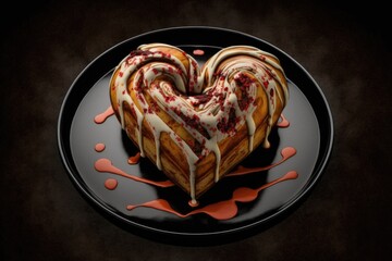 Wall Mural - heart-shaped cinnamon roll on a black plate with red drizzle, created with generative ai