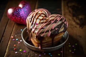 Wall Mural - heart-shaped cinnamon roll, drizzled with chocolate icing and topped with sprinkles, created with generative ai