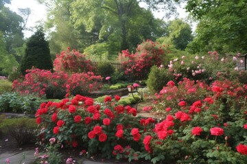 Sticker - a garden of red roses, with a variety of blooms, in full bloom, created with generative ai