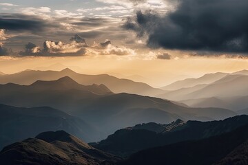 Poster - majestic mountain range, with clouds and sun setting over the peaks, created with generative ai