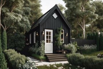 Sticker - tiny house with black exterior and white accents, surrounded by lush greenery, created with generative ai