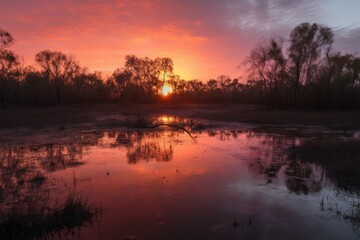 Poster - wetland with sunrise, the sky glowing orange and pink, created with generative ai