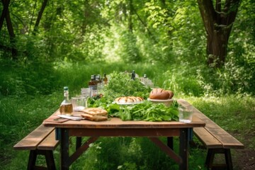 Poster - a picnic table, with glasses and plates, surrounded by greenery, created with generative ai