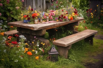 Poster - rustic picnic table surrounded by blooming flowers, ideal for a romantic evening, created with generative ai