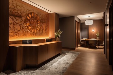 Wall Mural - hotel reception with modern decor, sleek furniture, and warm lighting, created with generative ai